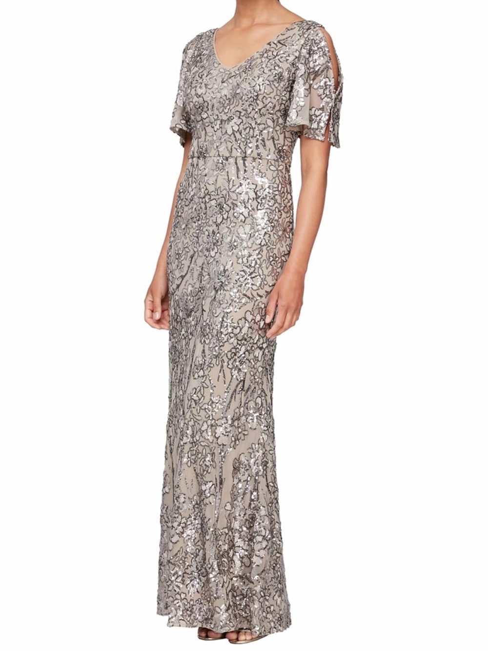 Alex Evenings Silver Sequin Floral Maxi Gown with Cold-Shoulder Sleeves